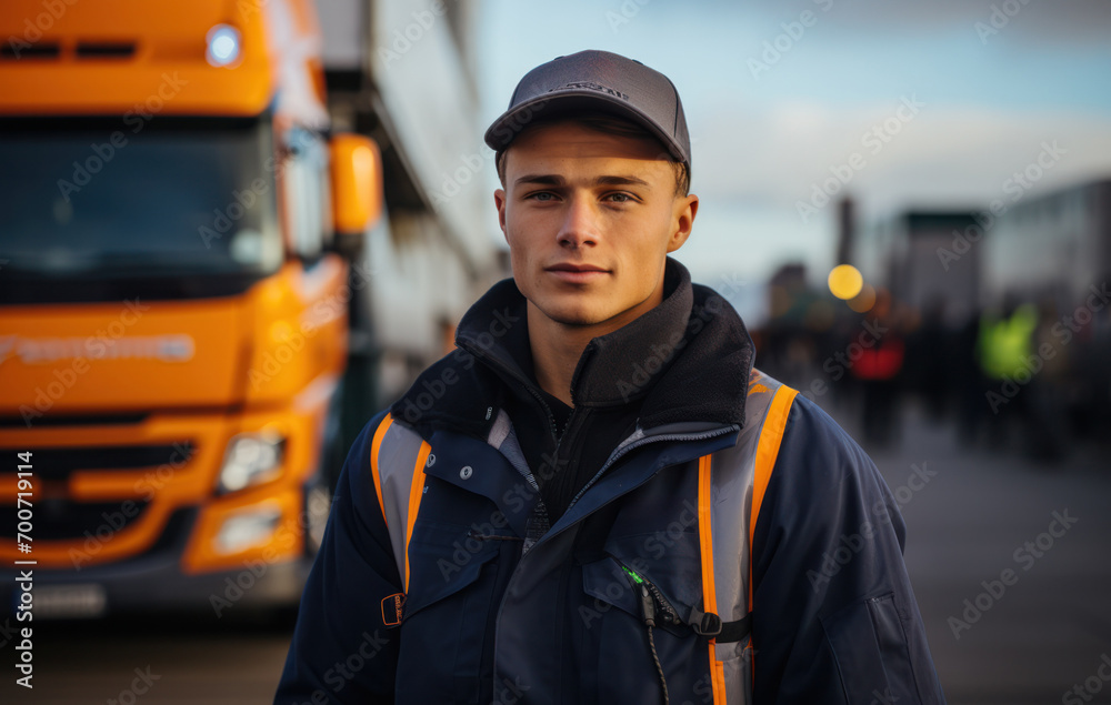 Experienced driver next to his truck, generative AI Experienced driver next to his truck, generative AI