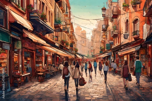 A lively cityscape with people walking along vibrant streets lined with shops and cafes. © Eun Woo Ai