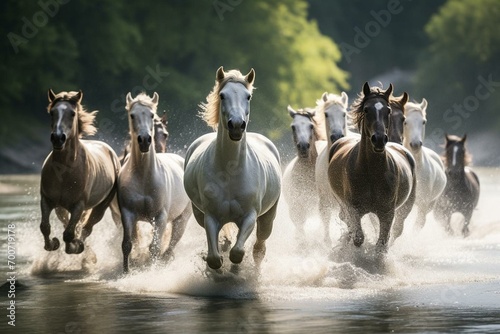 horses running through a river. Generative AI
