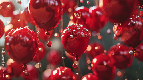 An elegant scene with pearl and lace-patterned red balloons, arranged to create a sophisticated and romantic celebration ambiance