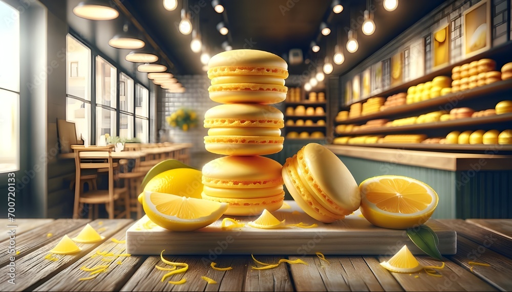 Macarons au chocolat et citron, symboles d'un repas raffiné, ajoutent une touche d'or à votre petit déjeuner. - obrazy, fototapety, plakaty 