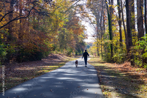 A dog walker on a paved hiking trail in autumn
