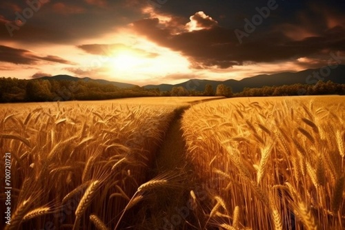 A vibrant, sunlit wheat field. Generative AI