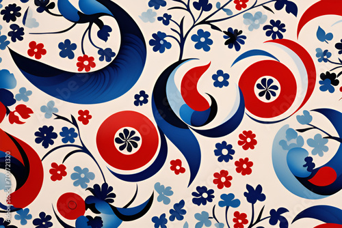 The combination of blue and red crescents in the Taegeuk pattern expresses the harmony and contradiction of yin and yang, conveying the profound meaning of Eastern beauty. Generative AI.