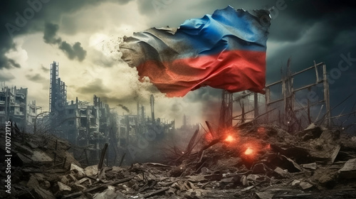 Imagined Russian flag over a destroyed battlefield with smoke and rubble photo