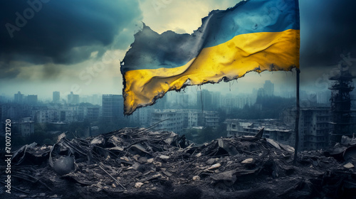 Imagined Ukraine flag over a destroyed battlefield with smoke and rubble
