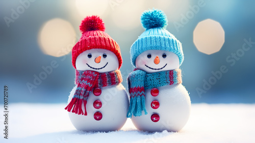 Couple Snowman standing outside on a winters day. Concept of winter, snow and childhood. © waichi2013th