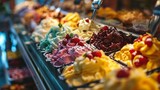A dynamic shot of a busy gelato shop with an array of colorful gelato flavors displayed in artisanal containers, showcasing the sweetness of Italian desserts. [Italian Cuisine]