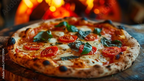 A mouthwatering shot of a classic Margherita pizza fresh from the wood-fired oven, with melted mozzarella, tomatoes, and basil. [Italian Cuisine]