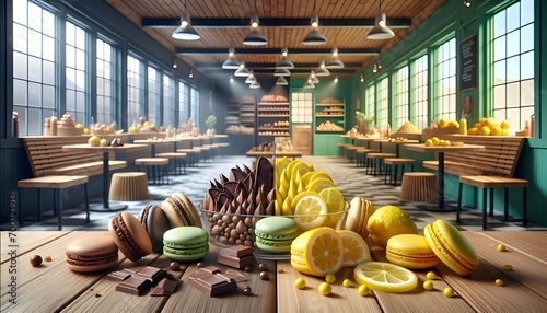Sur une table, des macarons chocolat et citron mêlent élégance et saveur, offrant un spectacle alimentaire raffiné. photo