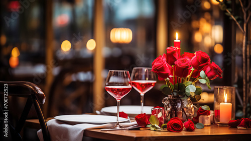 Festive table setting with elegant wine glasses and beautiful red roses on a Valentine's Day background