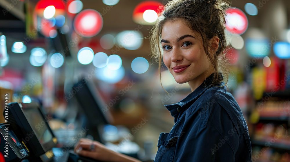 A woman cashier smiles. She is dressed in her work clothes at the checkout in a supermarket A woman cashier smiles. She is dressed in her work clothes at the checkout in a supermarket