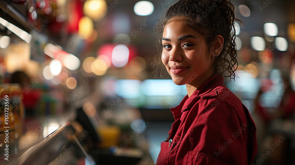 A woman cashier smiles. She is dressed in her work clothes at the checkout in a supermarket A woman cashier smiles. She is dressed in her work clothes at the checkout in a supermarket