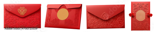 Set of red Hong Bao cards cut on a transparent background. Traditional Chinese cards, mockup. Design element to insert into a Chinese New Year project.