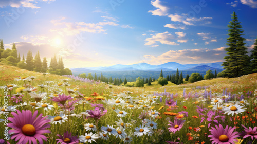 Field of daisies with a golden sunrise in the background