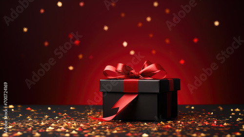 Red gift box with a golden ribbon, surrounded by a scattering of red and gold star-shaped confetti on a dark background. © MP Studio