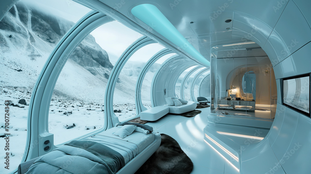 The interior of a futuristic hotel room with AI assistants in the icefields - obrazy, fototapety, plakaty 