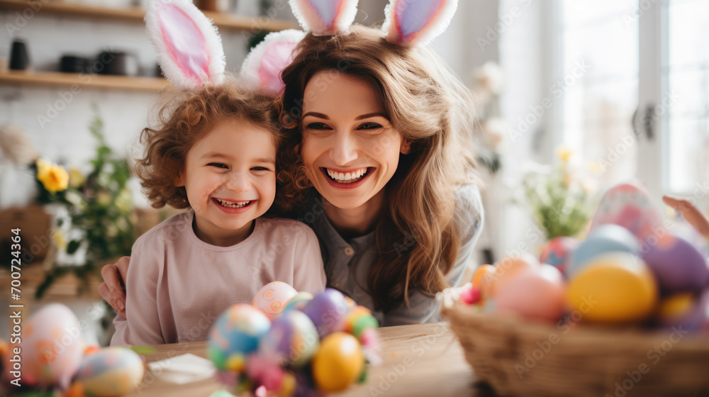 Fototapeta premium Portrait of a woman and a young child with bunny ears, smiling and engaging in Easter festivities, likely painting Easter eggs