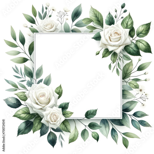 A square watercolor frame white roses and leaves on white background #700724541