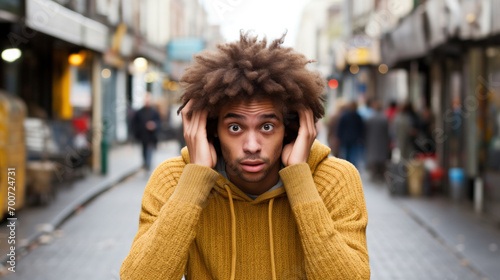African american man in depression with hands on forehead outdoors. © PaulShlykov
