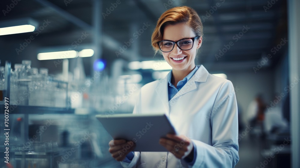 Cheerful female scientist wearing glasses and a lab coat is holding a tablet in a modern laboratory setting Cheerful female scientist wearing glasses and a lab coat is holding a tablet in a modern laboratory setting
