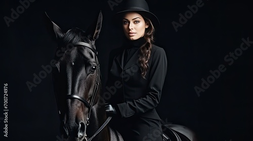 Dressage horse portrait before the competition. Photo on dark background.