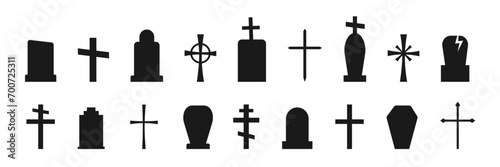 Gravestone silhouettes set. Cross Christian icons. Vector illustration