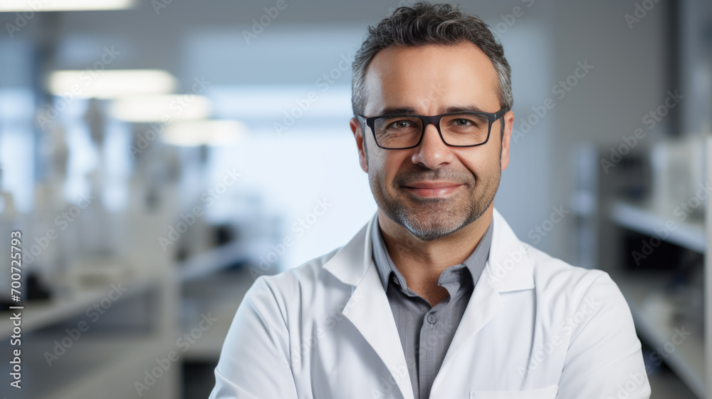 Portrait of a smiling doctor wearing glasses and a lab coat Portrait of a smiling doctor wearing glasses and a lab coat