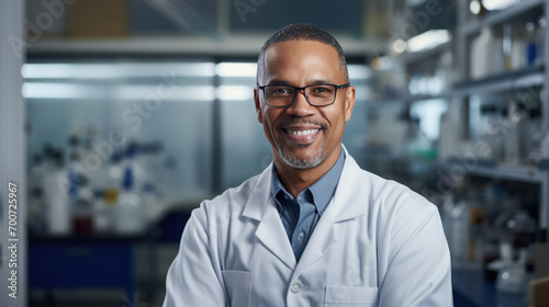 Foto Portrait of a smiling doctor wearing glasses and a lab coat