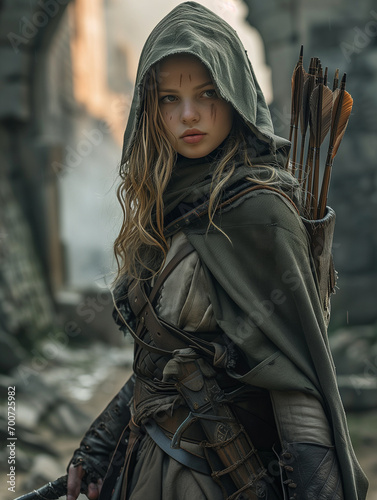beautiful young girl assassin in medieval clothes with a hood