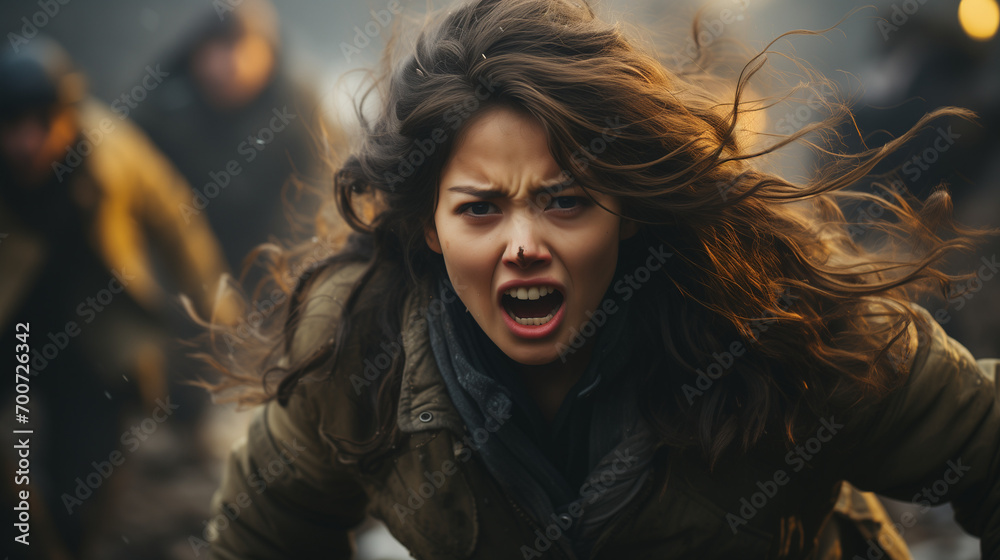 poor young lady protect her self from her enemy in war with angry exasperation