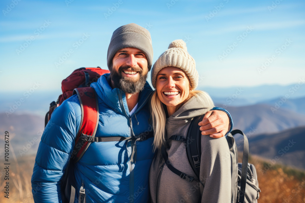 Joyful Pair with Blue Sky and Mountain View