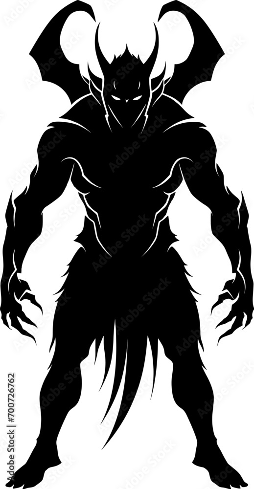 The silhouette of a demon wizard floating majestically, dressed in a ragged robe, decorated with spikes and horns all over his body. AI generated illustration.
