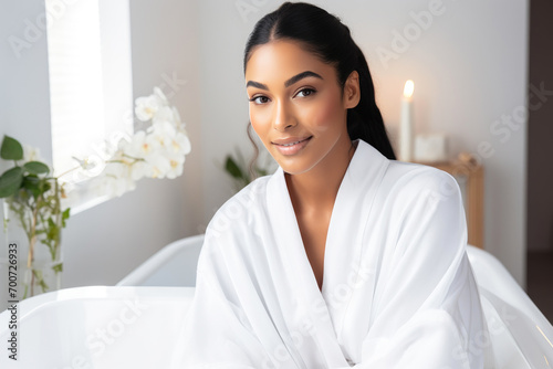 Tranquil Beauty: Black Woman in Spa Bathrobe