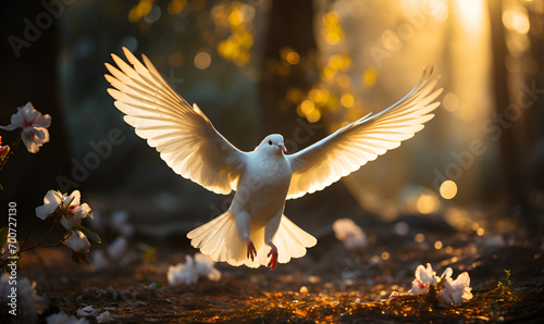 International Day of Peace Elegant Dove Gracefully Perched on a Sunlit Perched on a Sunlit Globe White dove flying in the air. Freedom, peace and love concept. AI Generative
 photo