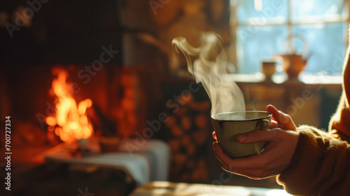 Hands cradling a steaming cup, with the cozy warmth of a fireplace in the background, evoke comfort and homely bliss photo