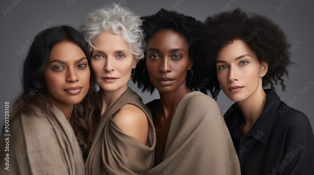 Group portrait of women of different ages and ethnic backgrounds, smiling and embracing each other, symbolizing diversity and unity. Group portrait of women of different ages and ethnic backgrounds, smiling and embracing each other, symbolizing diversity and unity.