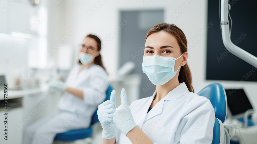 Female dental professional wearing a surgical mask and gloves, giving a thumbs up in a modern dental clinic with another person in the background. Female dental professional wearing a surgical mask and gloves, giving a thumbs up in a modern dental clinic with another person in the background.