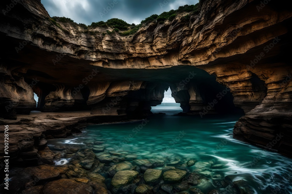 cave on the beach with  water waves