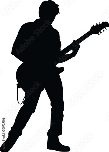 Silhouettes of musicians with guitar. Vector illustration. AI generated illustration.
