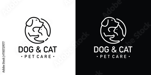 Creative Pet Care Logo. Circle Dog Cat with Lineart Outline Icon Symbol Vector Design Template.