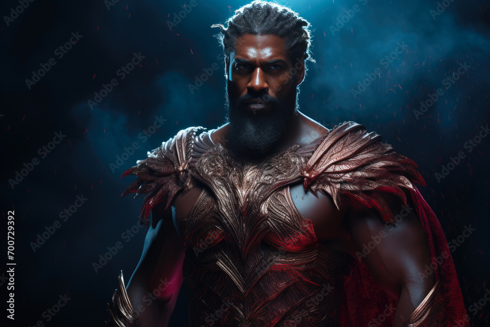 Fototapeta premium Shadowed Valor: Cyan and Crimson Odyssey
