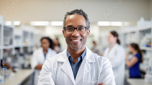 Portrait of a smiling male doctor in a lab coat holding a tablet