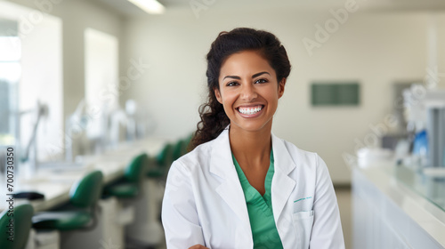 Smiling woman in a clinical setting with dental equipment in the background.