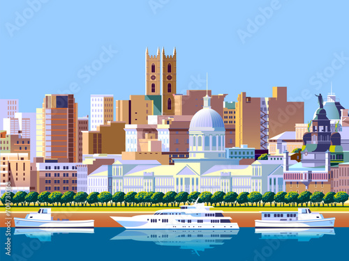 Vector cityscape with embankment and yachts in the first plan and old town in the background. Handmade drawing vector illustration. Can be used for posters, banners, postcards etc.