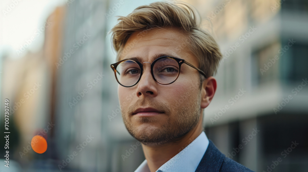 Portrait of smiling blond Scandinavian businessman in city downtown Portrait of smiling blond Scandinavian businessman in city downtown
