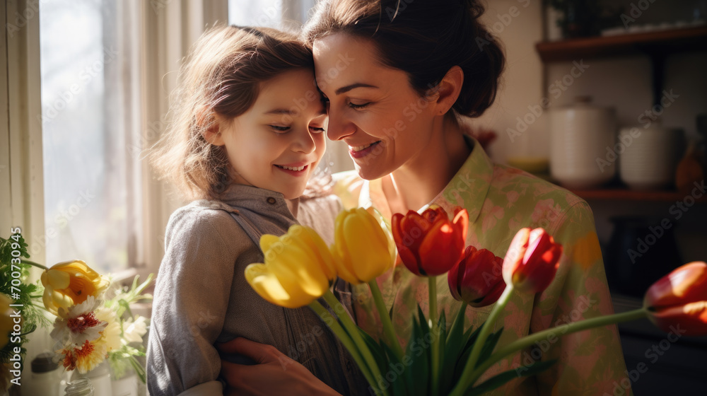 Mother and daughter smiling gently, with a bright bouquet of tulips in the foreground. Mother and daughter smiling gently, with a bright bouquet of tulips in the foreground.