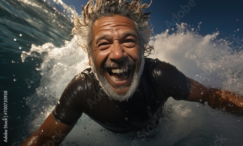 Olympic athlete smiling in the ocean riding on his surfboard © familymedia