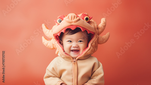 A cute and happy Asian baby in a golden dragon costume on pastel red background. Chinese New Year celebration background design with copy-space for text.