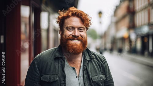 closeup portrait red haired man with beard in park outdoor. pensive attractive redhead ginger guy with on natural background © PaulShlykov